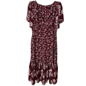 J. Crew Drapey Flutter-Sleeve Midi Dress‎ In Burgundy Blooms Floral Size 4 Lined